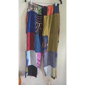 VTG Patchwork Pants Boho Hippie Festival Wide Leg Baggy Colorful Cotton S NWOT